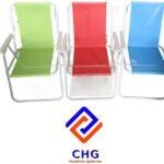 BEACH CHAIR; WHITE TUNE AND HANDLE, BLUE, GREEN AND YELLOW 3 COLORS MI