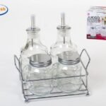 Juego Set Of 4 Oil,vinegar,salt,pepper In Metal And Glass- Size 17x13x